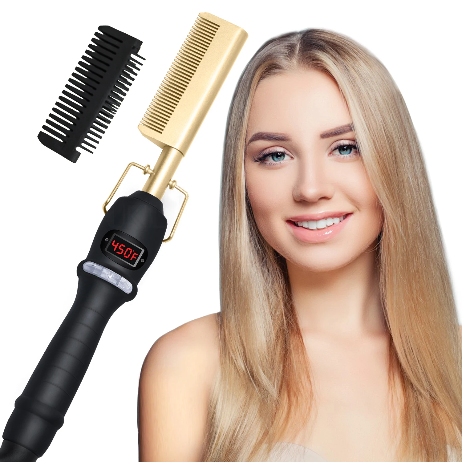 2 In1 Hot Comb Hair Straightener Electric Heating Comb Fast Heating Portable Travel Anti-Scald Beard Straightener Press Comb