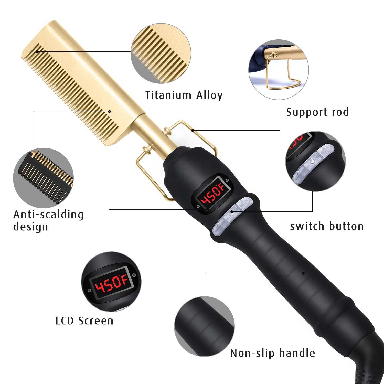 2 In1 Hot Comb Hair Straightener Electric Heating Comb Fast Heating Portable Travel Anti-Scald Beard Straightener Press Comb