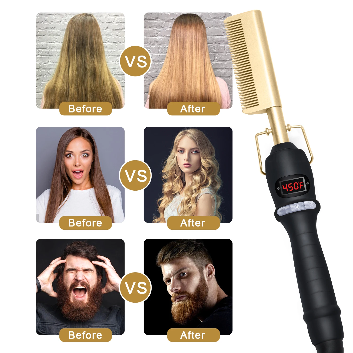 2 In1 Hot Comb Hair Straightener Electric Heating Comb Fast Heating Portable Travel Anti-Scald Beard Straightener Press Comb
