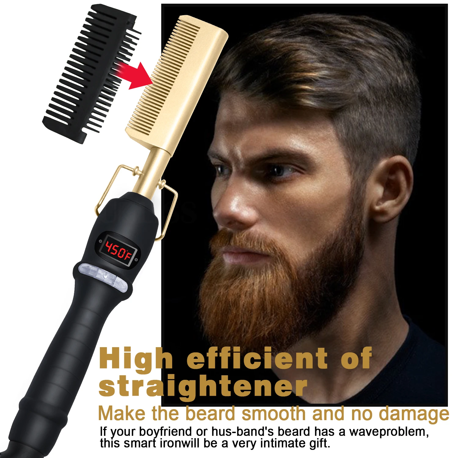 2 In1 Hot Comb Hair Straightener Electric Heating Comb Fast Heating Portable Travel Anti-Scald Beard Straightener Press Comb