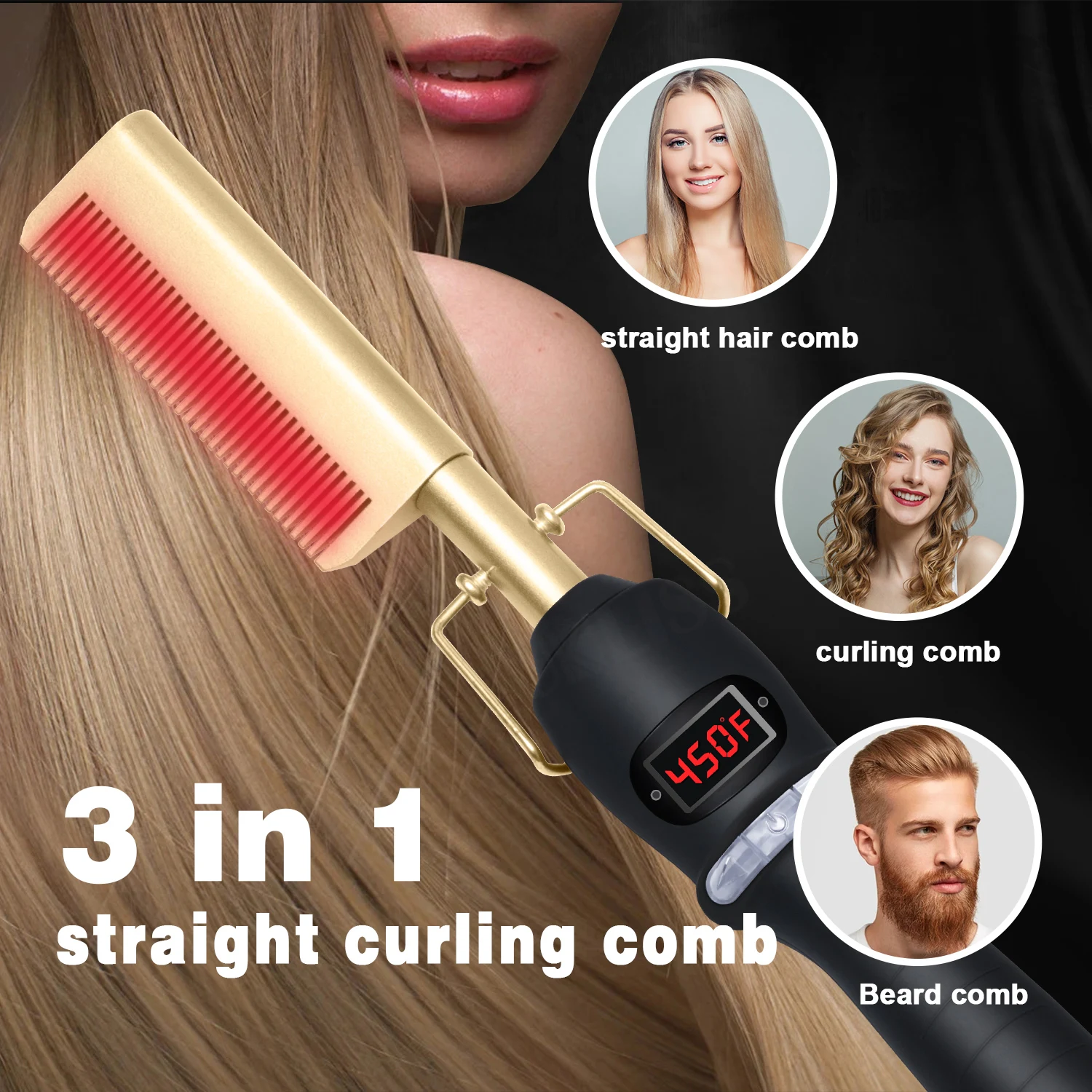 2 In1 Hot Comb Hair Straightener Electric Heating Comb Fast Heating Portable Travel Anti-Scald Beard Straightener Press Comb