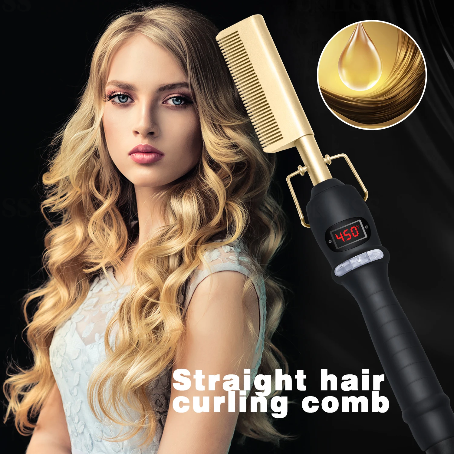 2 In1 Hot Comb Hair Straightener Electric Heating Comb Fast Heating Portable Travel Anti-Scald Beard Straightener Press Comb