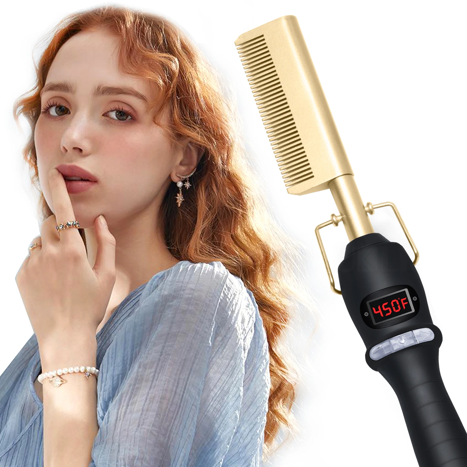 2 In1 Hot Comb Hair Straightener Electric Heating Comb Fast Heating Portable Travel Anti-Scald Beard Straightener Press Comb