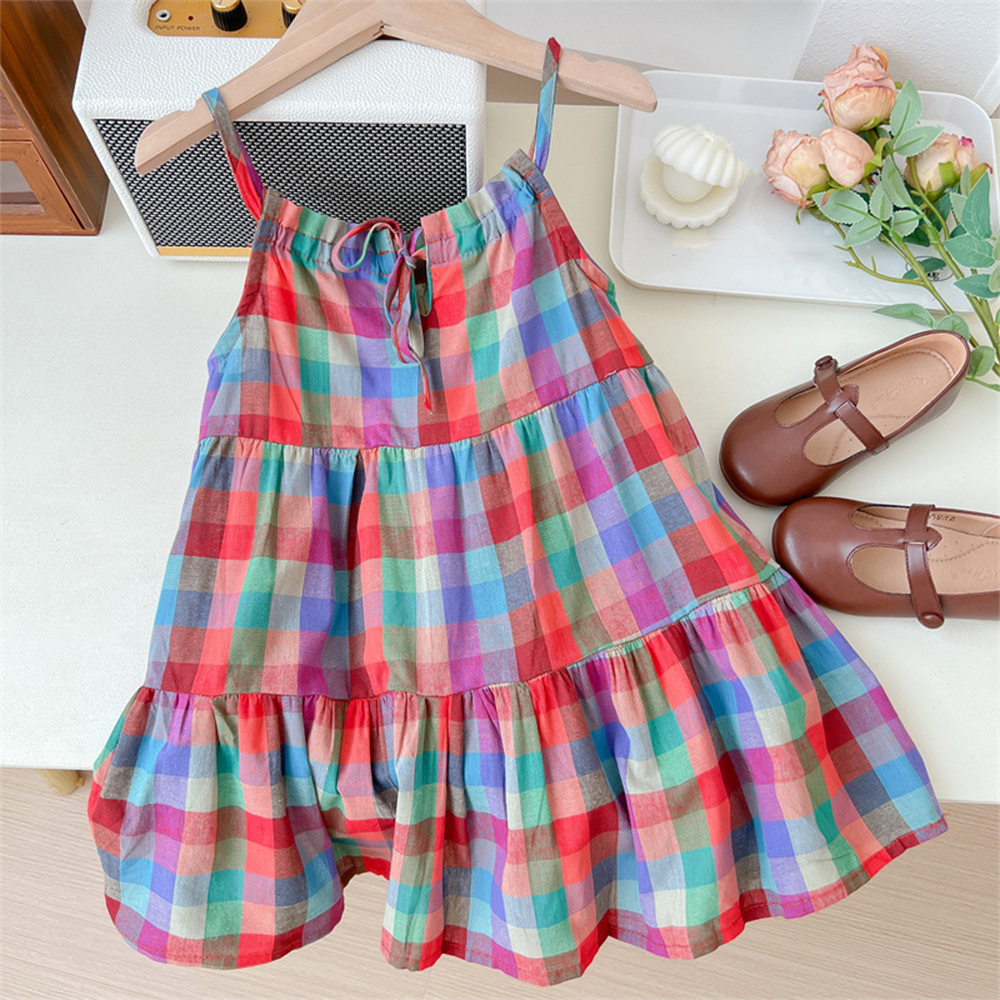 Summer Tropical Style Colorful Checkered Camisole Dress Thin Casual Girls' Clothes 3-7 Years Old Korean Version Daily Wear