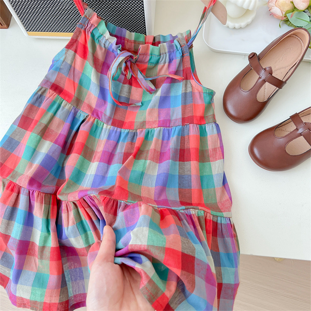Summer Tropical Style Colorful Checkered Camisole Dress Thin Casual Girls' Clothes 3-7 Years Old Korean Version Daily Wear