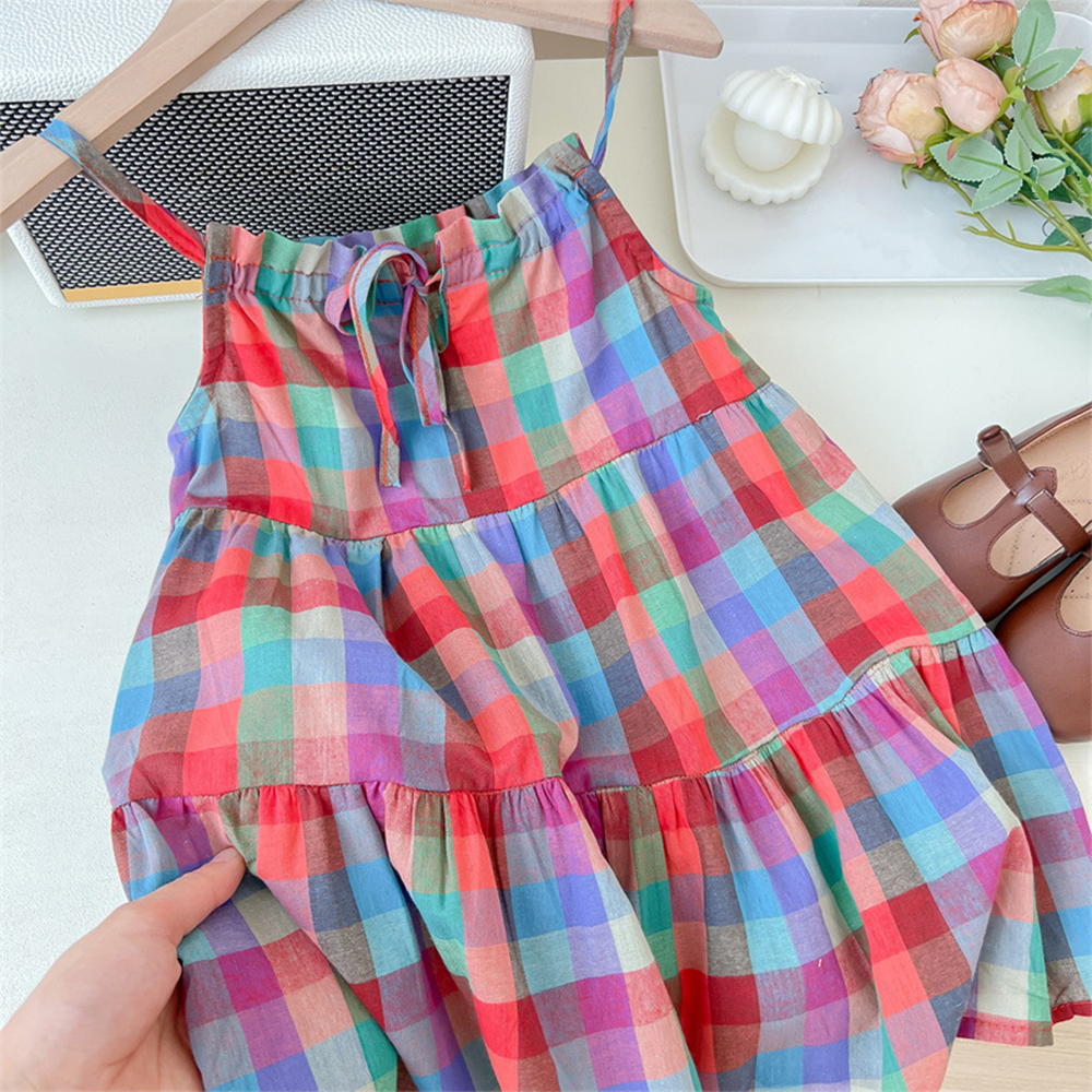 Summer Tropical Style Colorful Checkered Camisole Dress Thin Casual Girls' Clothes 3-7 Years Old Korean Version Daily Wear
