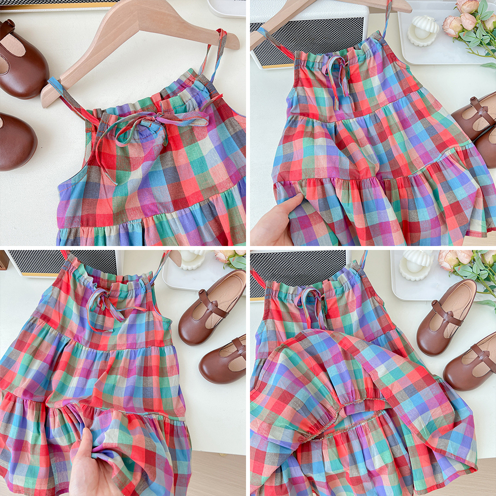 Summer Tropical Style Colorful Checkered Camisole Dress Thin Casual Girls' Clothes 3-7 Years Old Korean Version Daily Wear