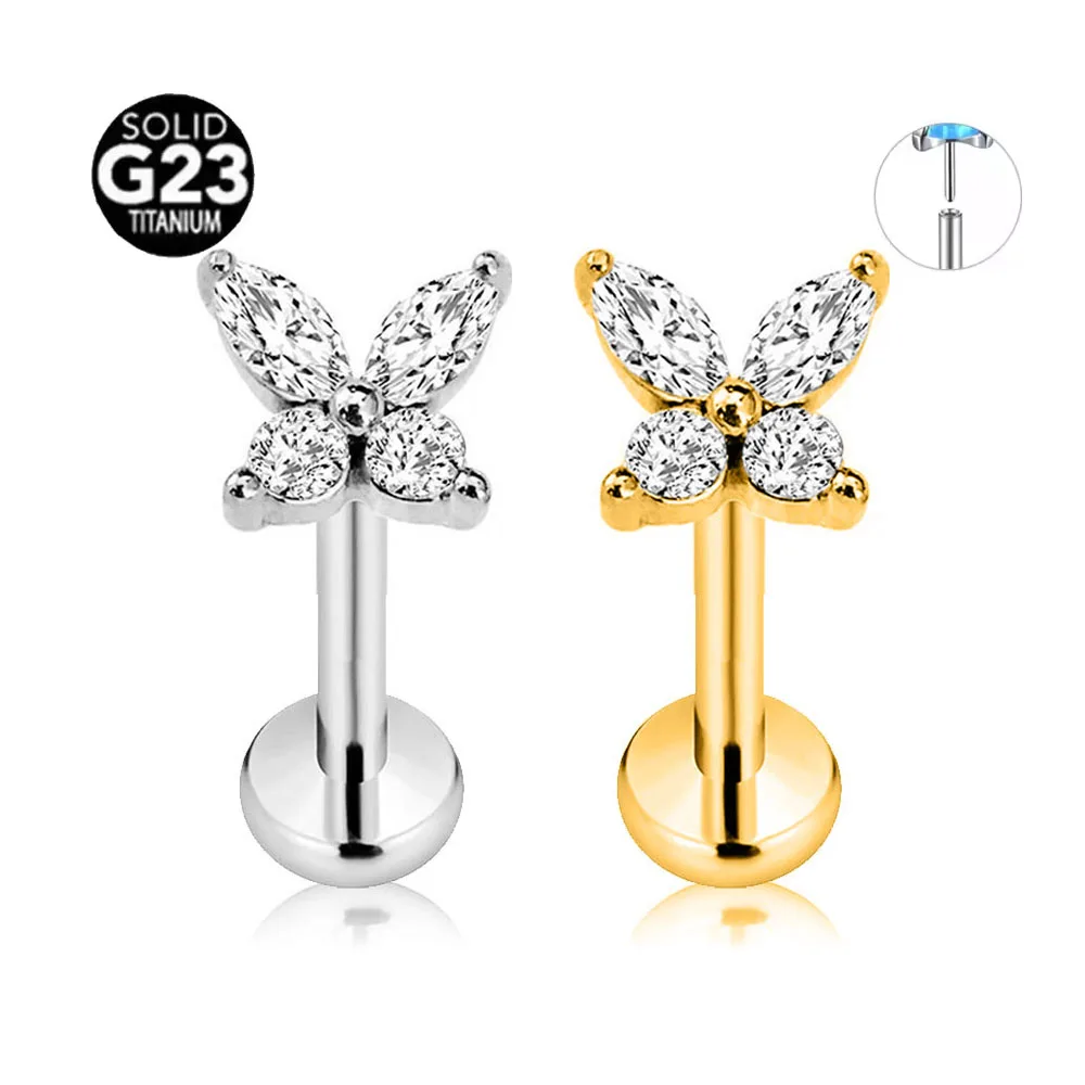 ASTM F136 G23 Titanium Butterfly Insect Threadless Piercing Daith Conch Flat Back Earring Pin Push in Lip Stud 16G 18G 20G