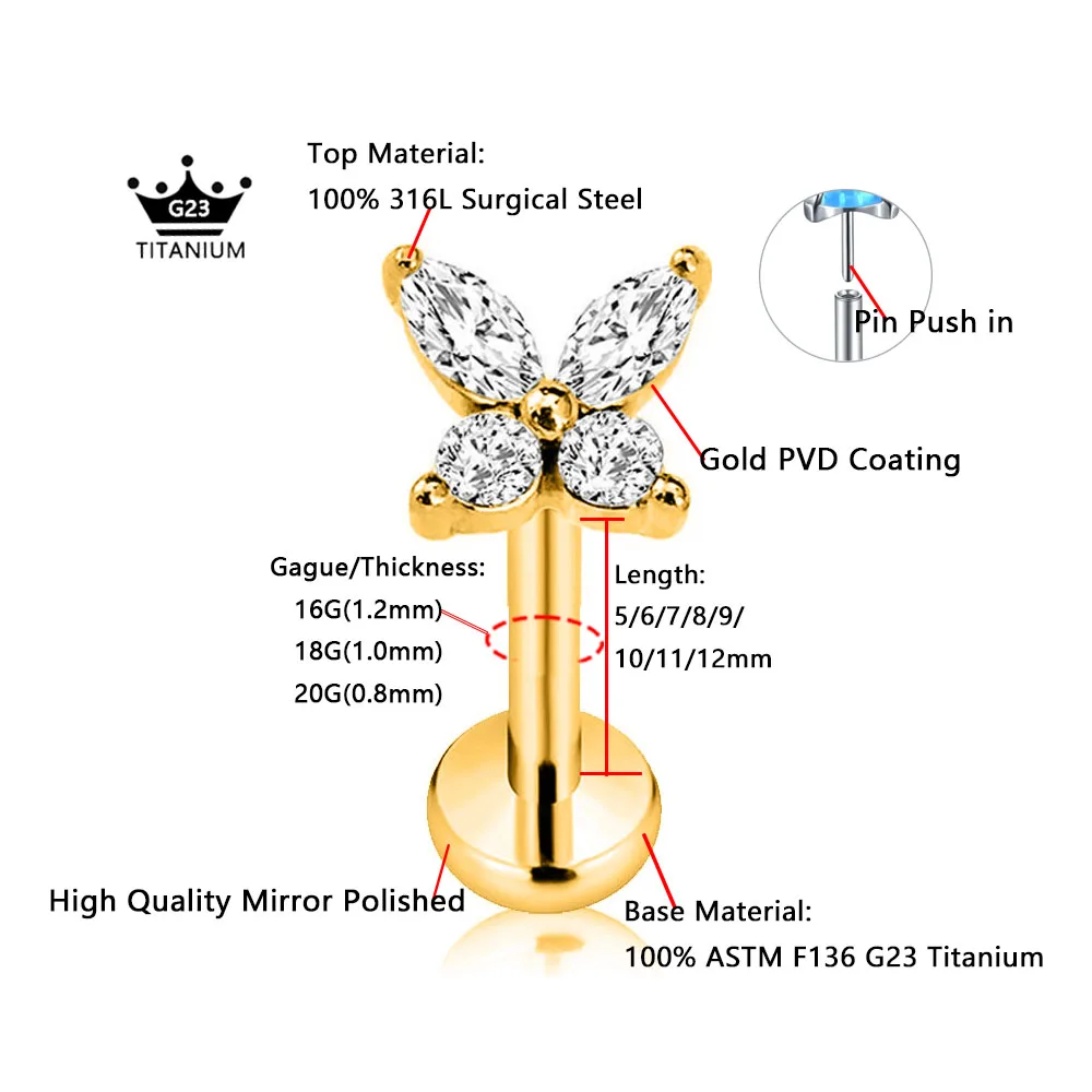 ASTM F136 G23 Titanium Butterfly Insect Threadless Piercing Daith Conch Flat Back Earring Pin Push in Lip Stud 16G 18G 20G
