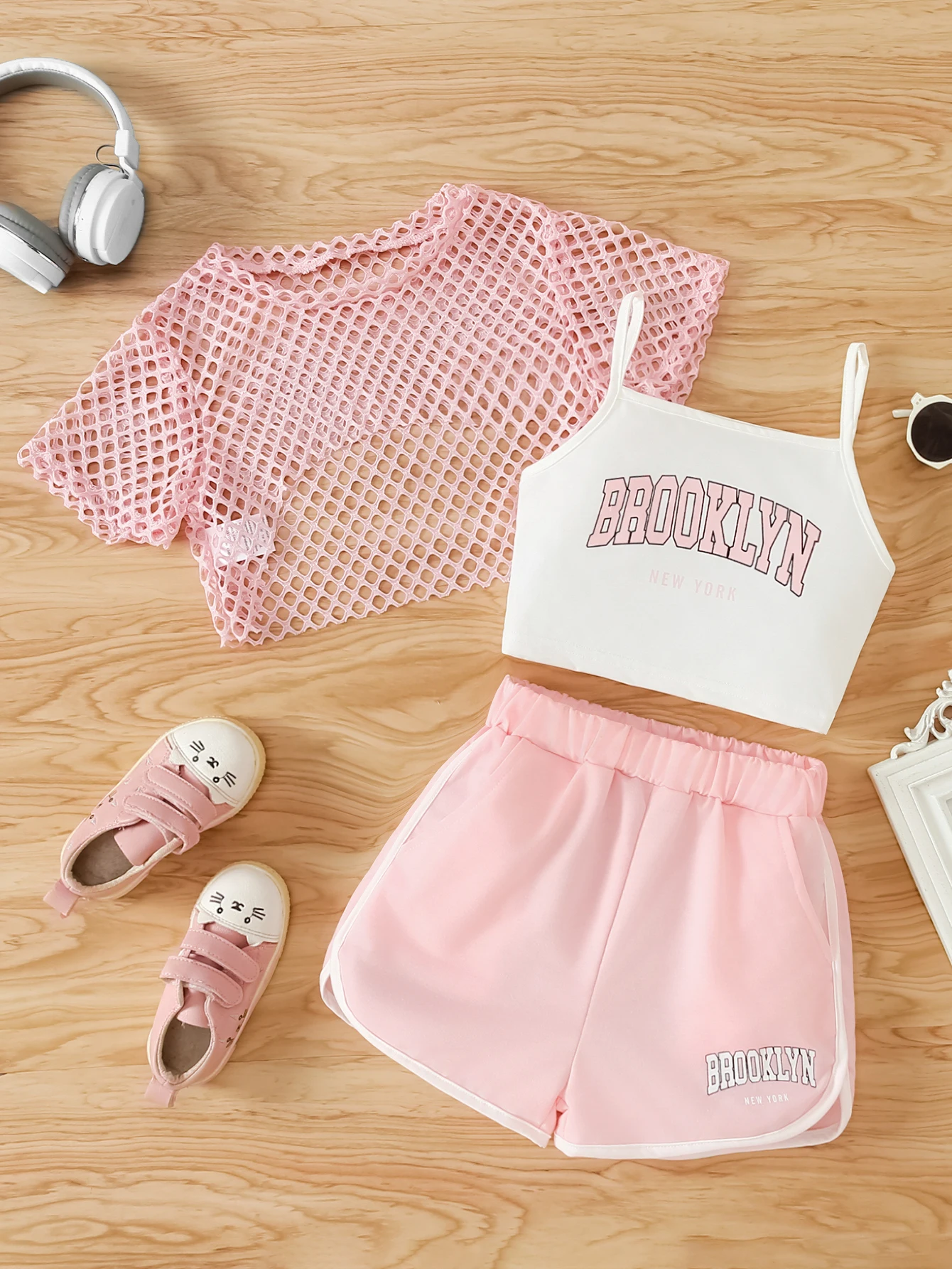 Girls' Three-Piece Outfits New Breathable Summer Thin Fashion Short Sleeve Mesh Top+Letter Print Crop Vest Sling+Letter Print Sport Shorts