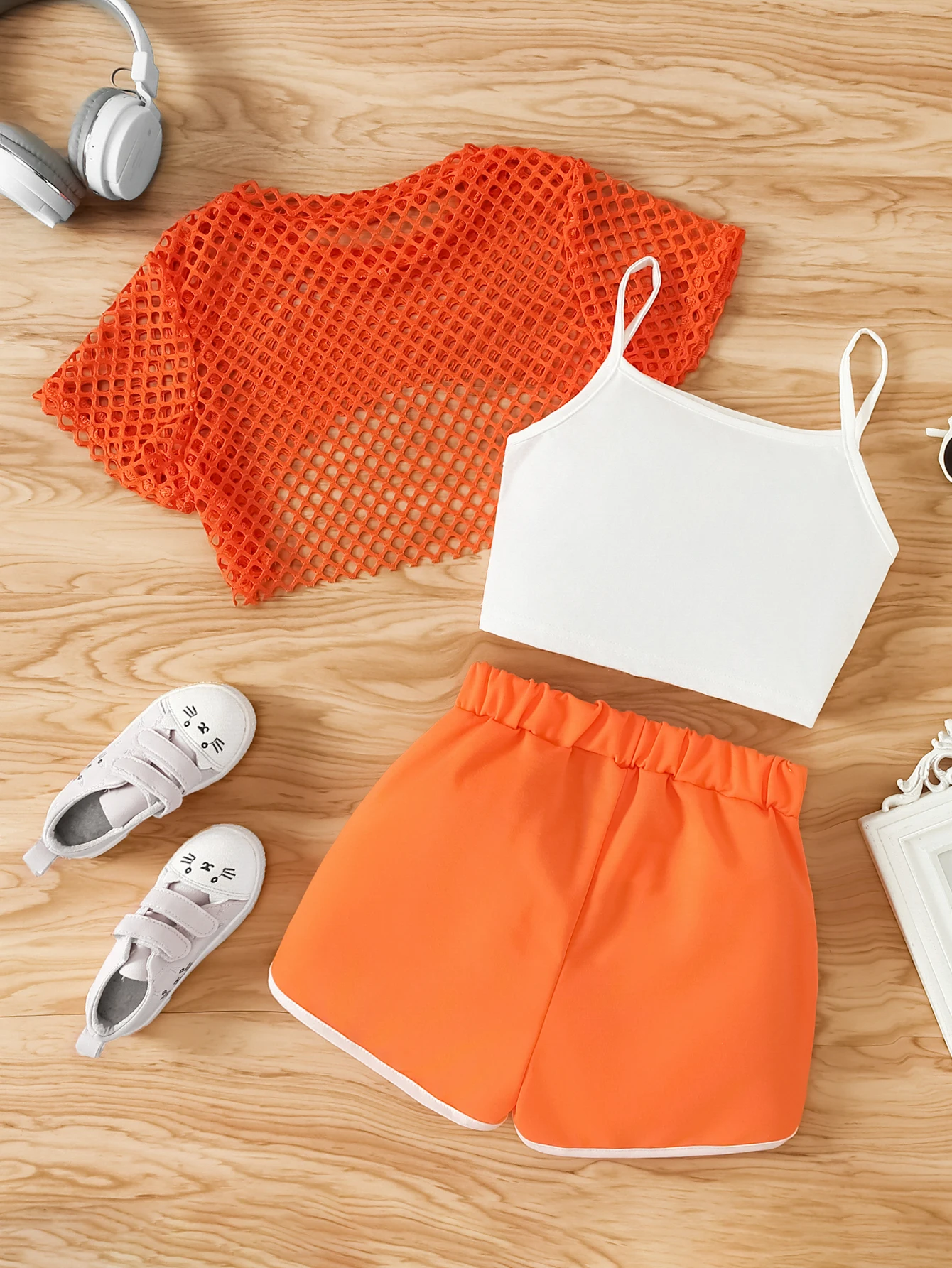 Girls' Three-Piece Outfits New Breathable Summer Thin Fashion Short Sleeve Mesh Top+Letter Print Crop Vest Sling+Letter Print Sport Shorts