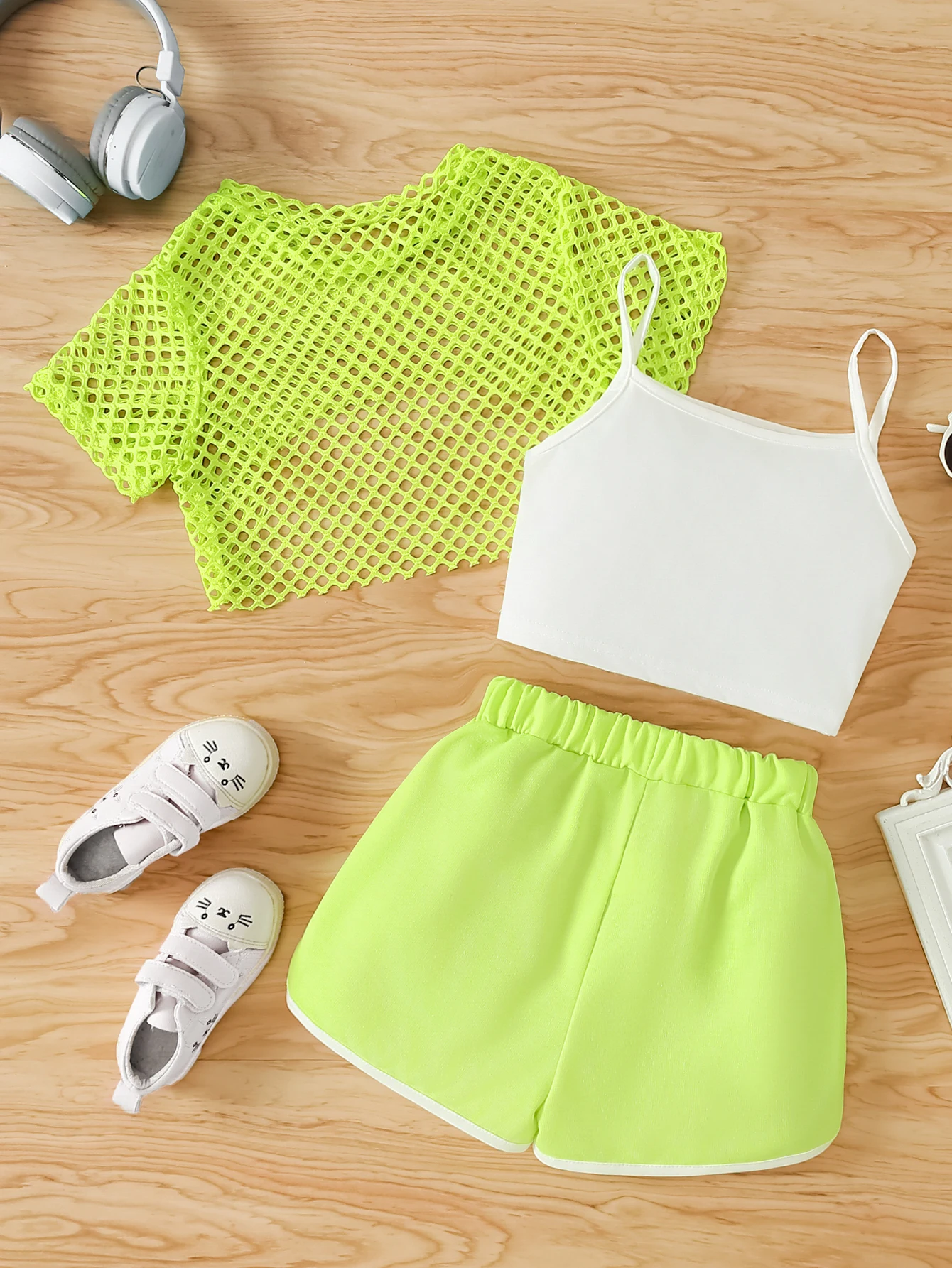 Girls' Three-Piece Outfits New Breathable Summer Thin Fashion Short Sleeve Mesh Top+Letter Print Crop Vest Sling+Letter Print Sport Shorts