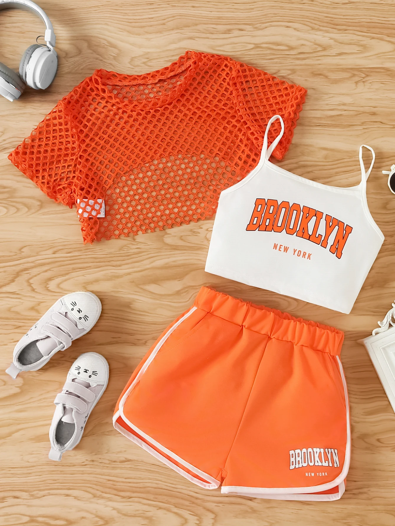 Girls' Three-Piece Outfits New Breathable Summer Thin Fashion Short Sleeve Mesh Top+Letter Print Crop Vest Sling+Letter Print Sport Shorts