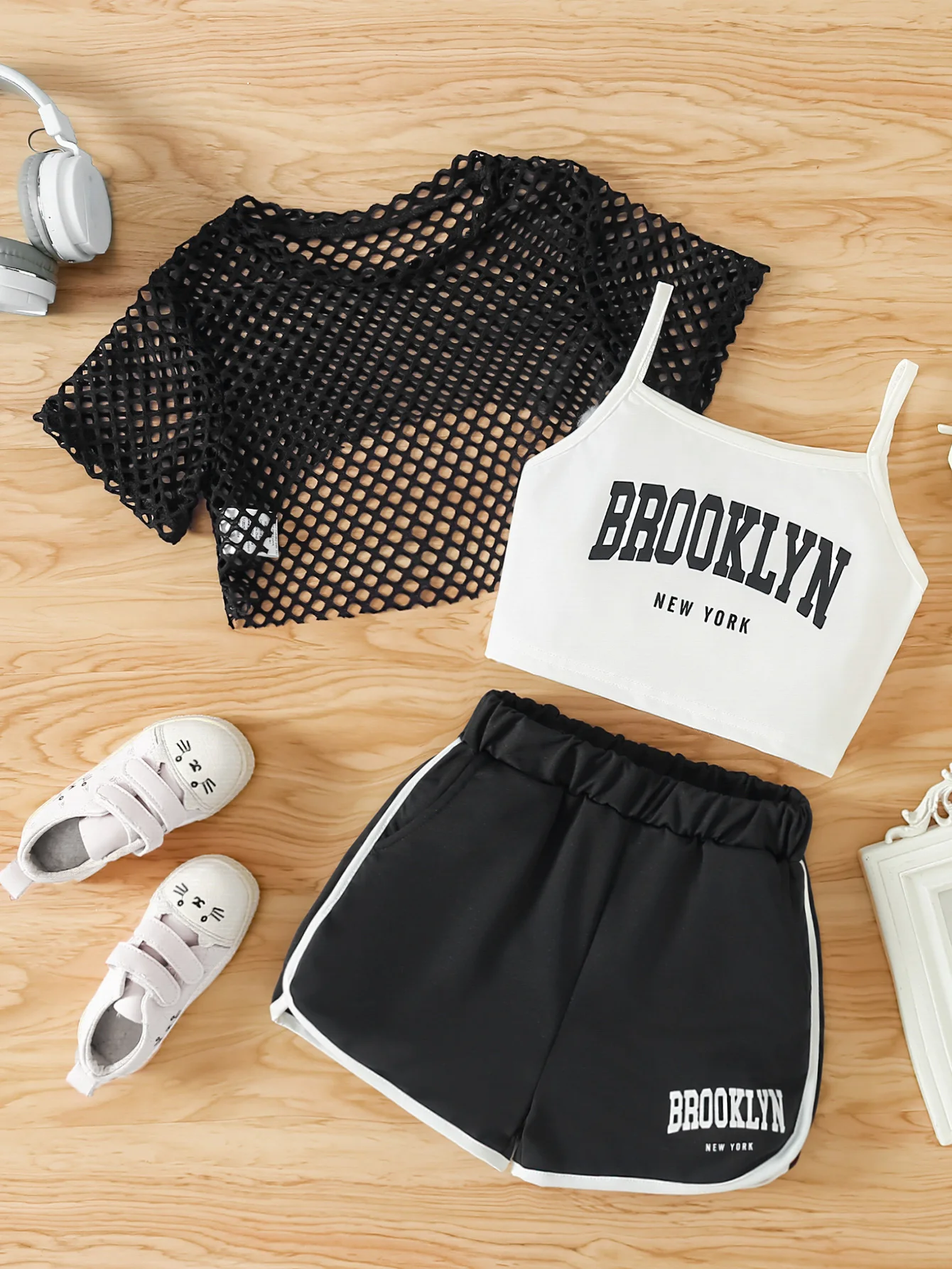 Girls' Three-Piece Outfits New Breathable Summer Thin Fashion Short Sleeve Mesh Top+Letter Print Crop Vest Sling+Letter Print Sport Shorts