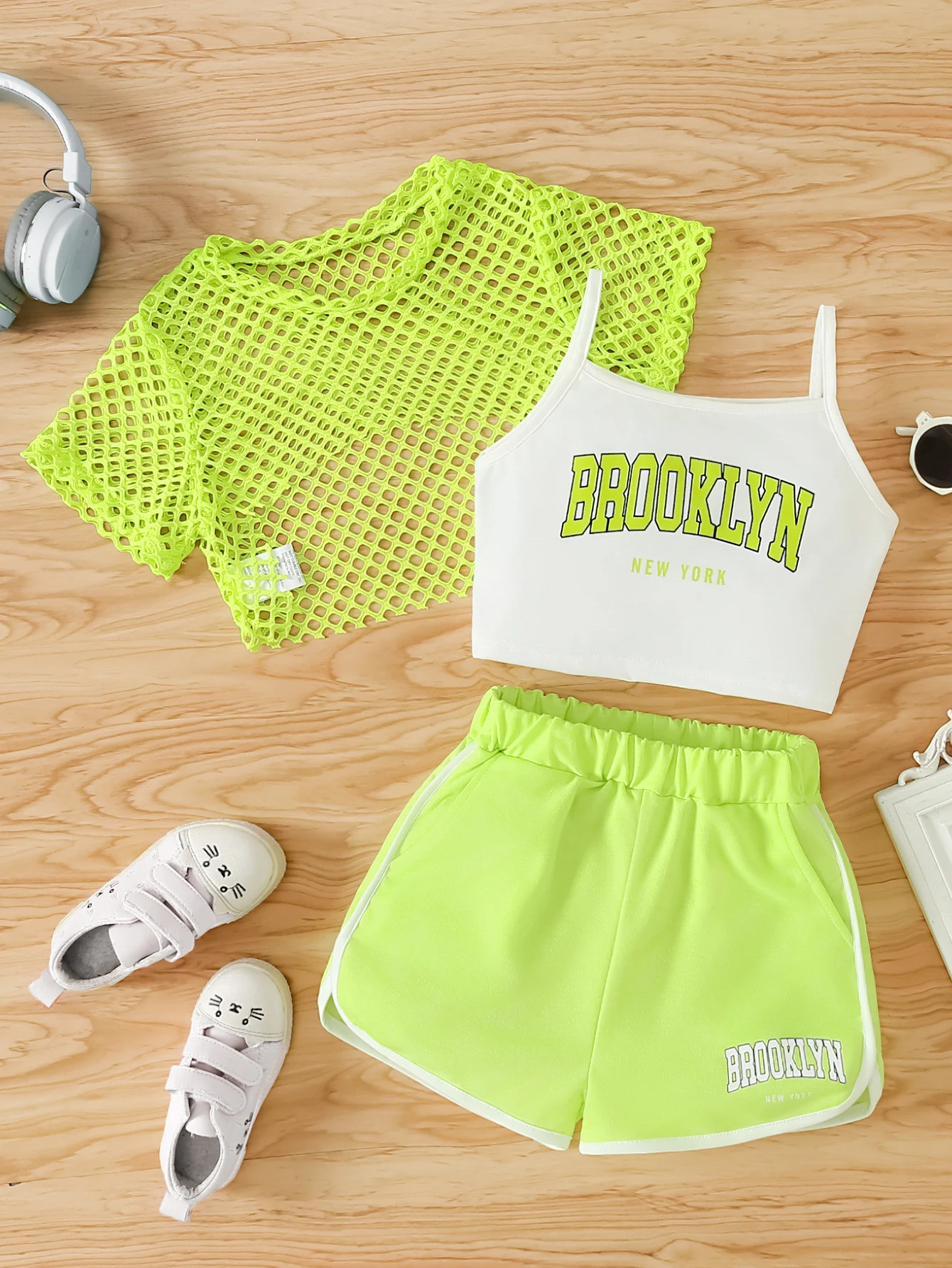 Girls' Three-Piece Outfits New Breathable Summer Thin Fashion Short Sleeve Mesh Top+Letter Print Crop Vest Sling+Letter Print Sport Shorts