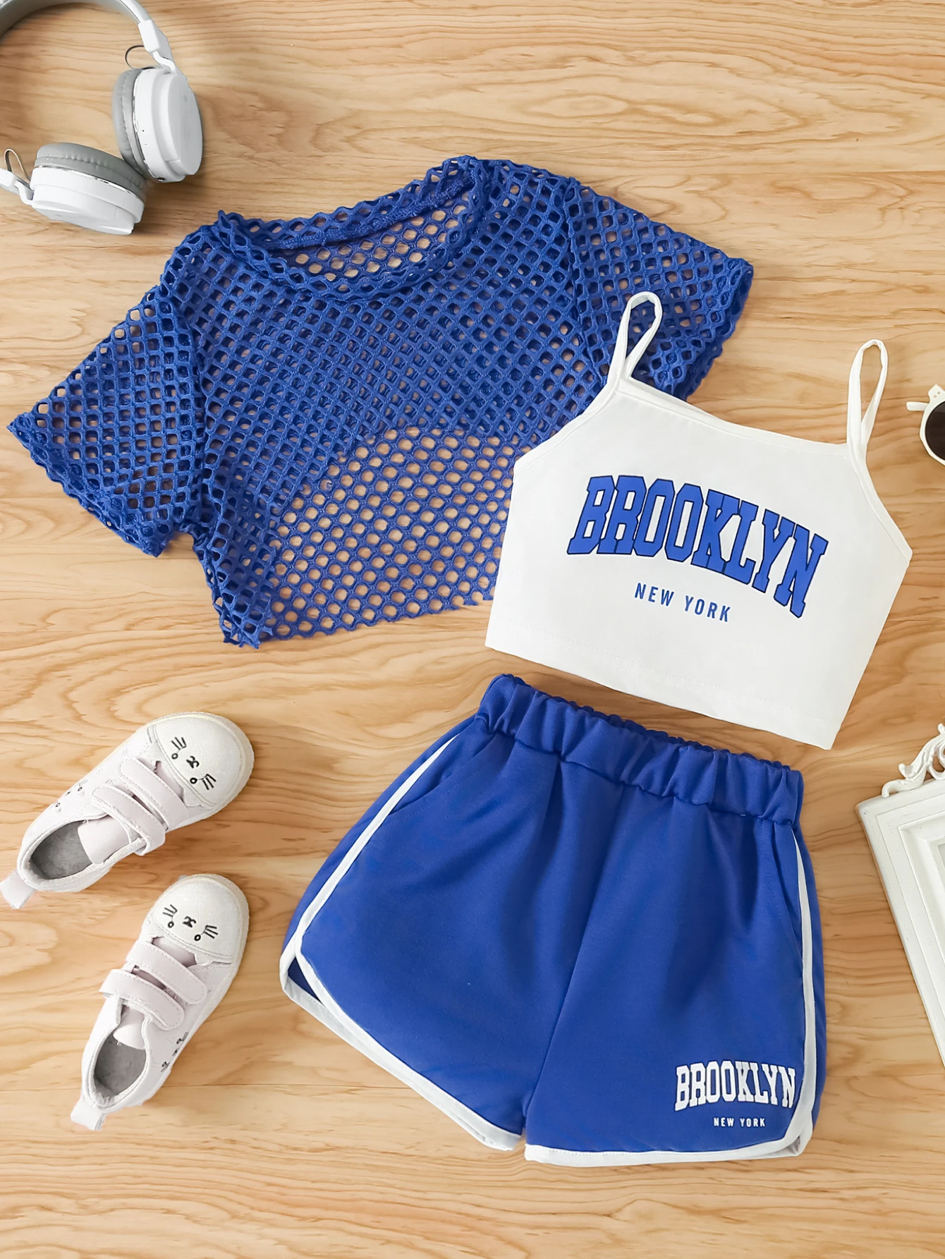 Girls' Three-Piece Outfits New Breathable Summer Thin Fashion Short Sleeve Mesh Top+Letter Print Crop Vest Sling+Letter Print Sport Shorts