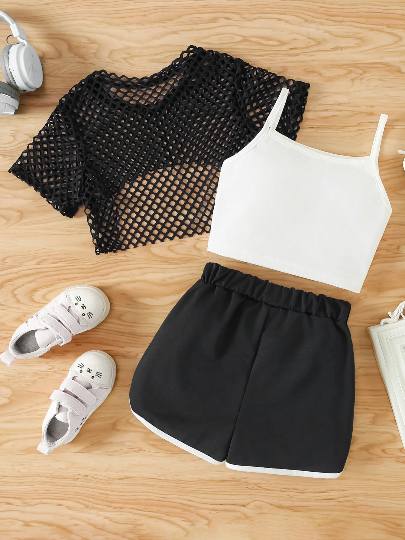 Girls' Three-Piece Outfits New Breathable Summer Thin Fashion Short Sleeve Mesh Top+Letter Print Crop Vest Sling+Letter Print Sport Shorts