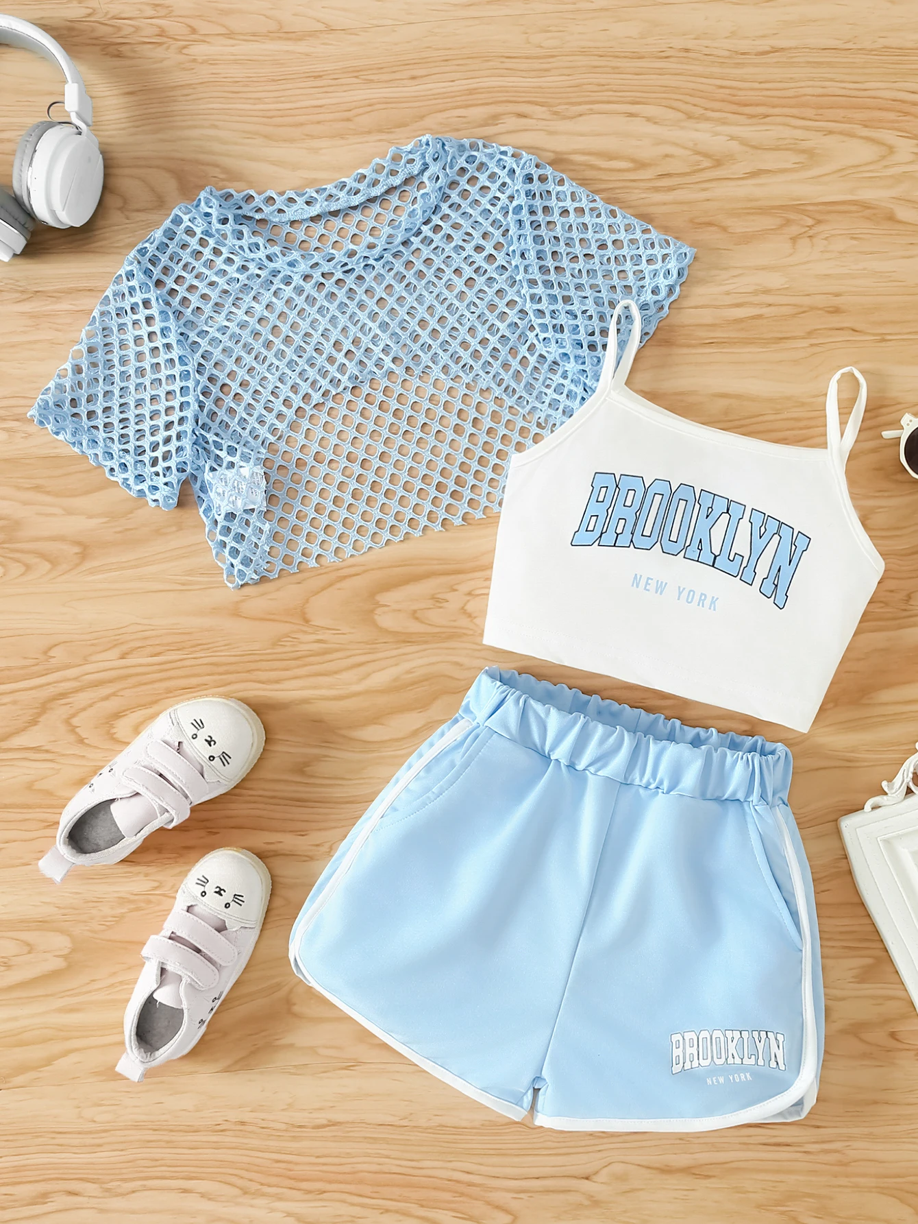Girls' Three-Piece Outfits New Breathable Summer Thin Fashion Short Sleeve Mesh Top+Letter Print Crop Vest Sling+Letter Print Sport Shorts