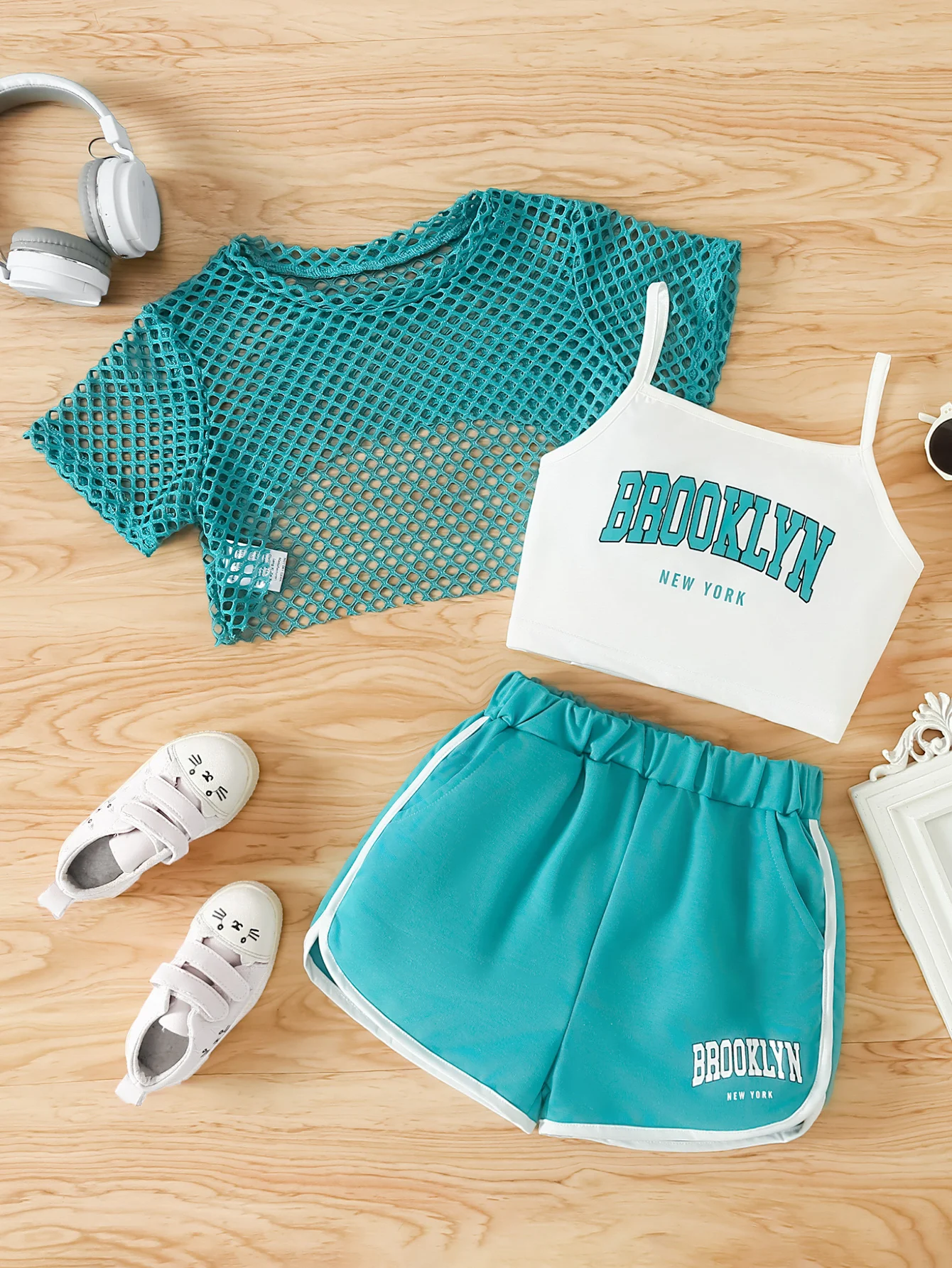 Girls' Three-Piece Outfits New Breathable Summer Thin Fashion Short Sleeve Mesh Top+Letter Print Crop Vest Sling+Letter Print Sport Shorts