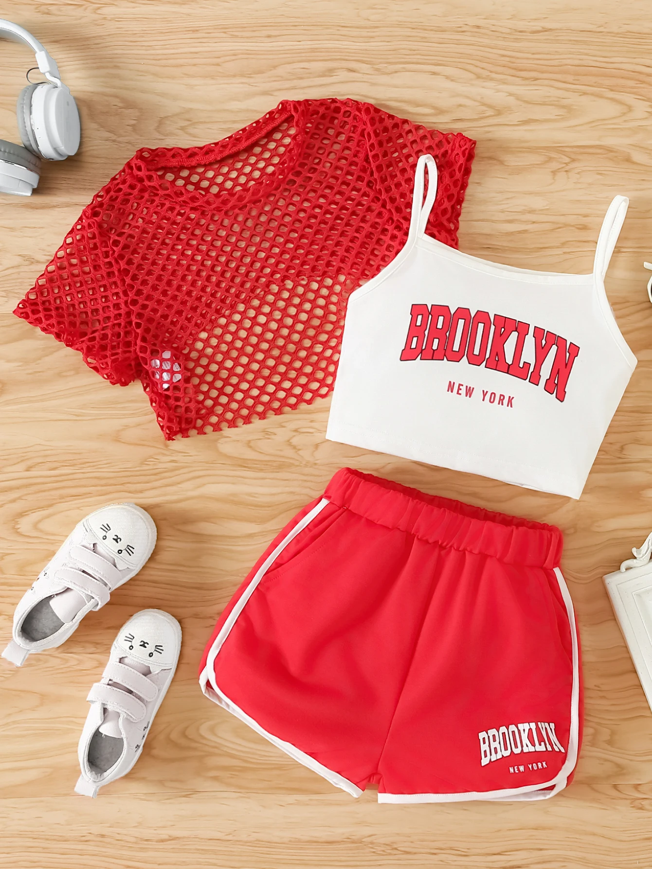 Girls' Three-Piece Outfits New Breathable Summer Thin Fashion Short Sleeve Mesh Top+Letter Print Crop Vest Sling+Letter Print Sport Shorts