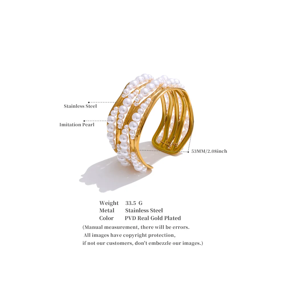 Yhpup 53mm Simulated Pearls Big Cuff Wide Bracelet Bangle 18K PVD Plated Stainless Steel Arrivals Elegance Open Wrist Jewelry