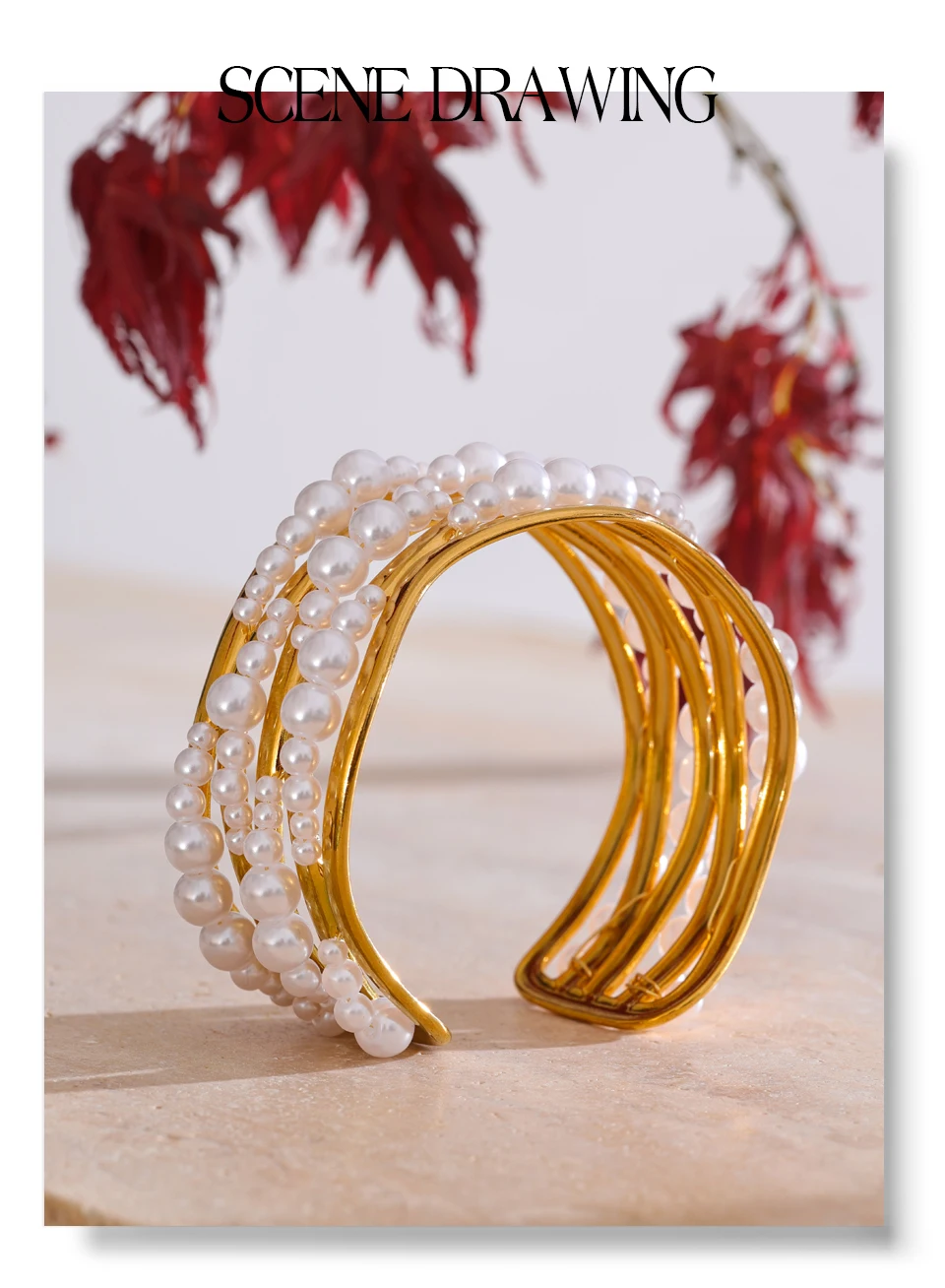Yhpup 53mm Simulated Pearls Big Cuff Wide Bracelet Bangle 18K PVD Plated Stainless Steel Arrivals Elegance Open Wrist Jewelry