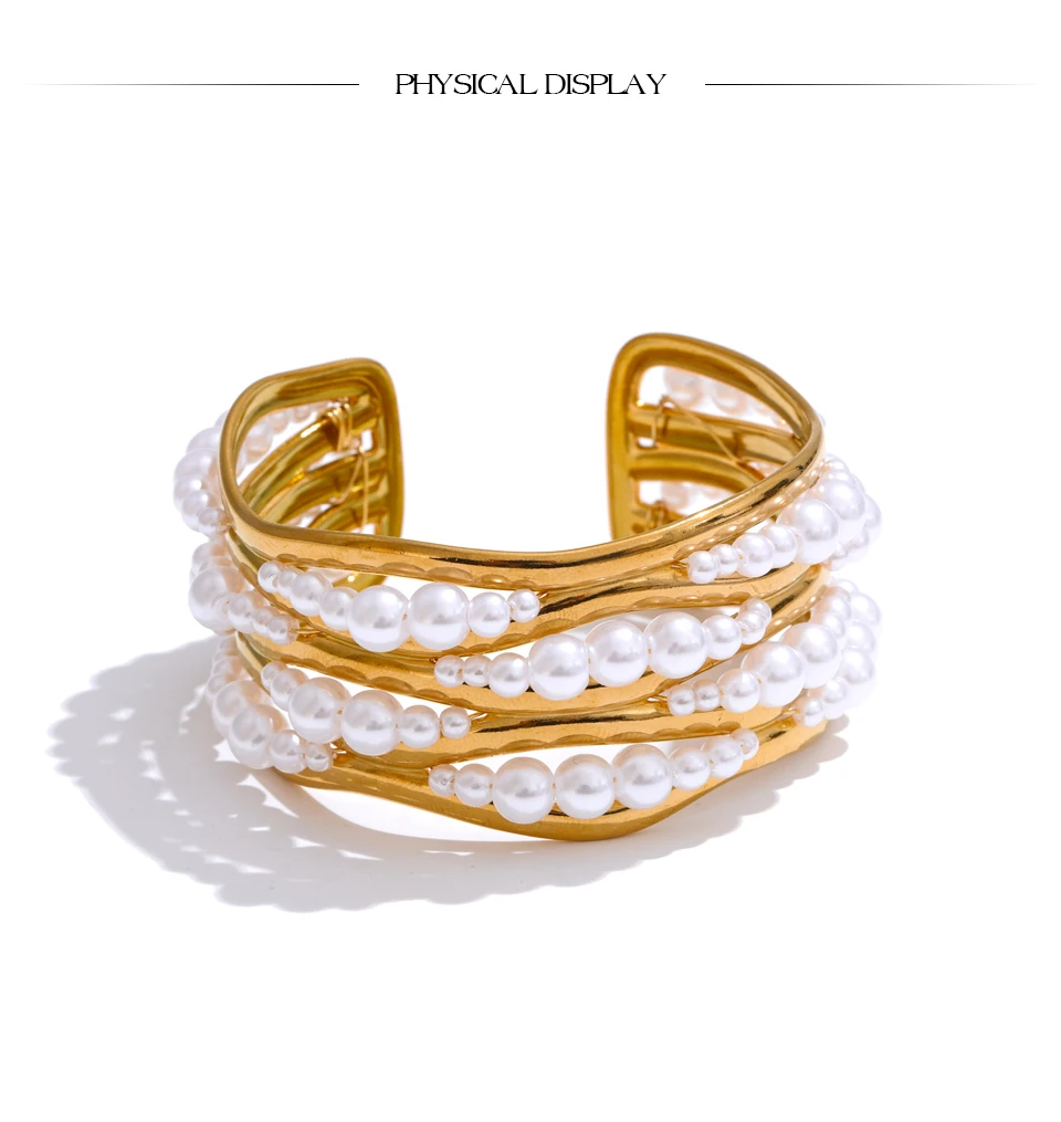Yhpup 53mm Simulated Pearls Big Cuff Wide Bracelet Bangle 18K PVD Plated Stainless Steel Arrivals Elegance Open Wrist Jewelry