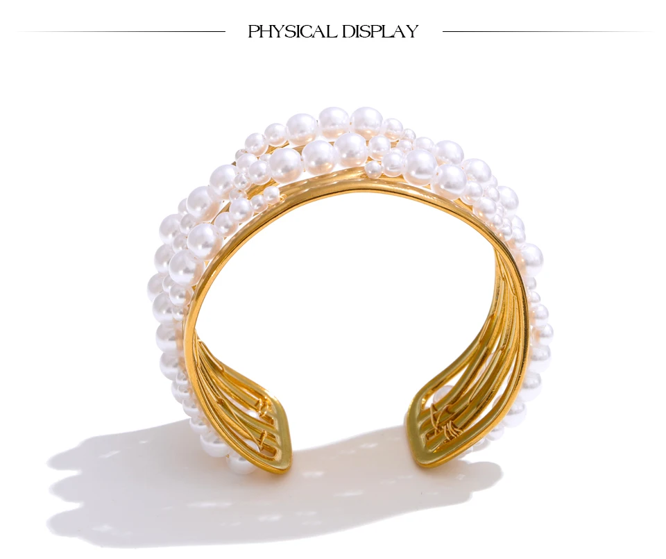 Yhpup 53mm Simulated Pearls Big Cuff Wide Bracelet Bangle 18K PVD Plated Stainless Steel Arrivals Elegance Open Wrist Jewelry