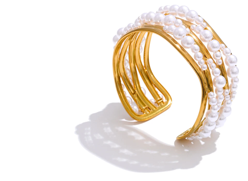 Yhpup 53mm Simulated Pearls Big Cuff Wide Bracelet Bangle 18K PVD Plated Stainless Steel Arrivals Elegance Open Wrist Jewelry