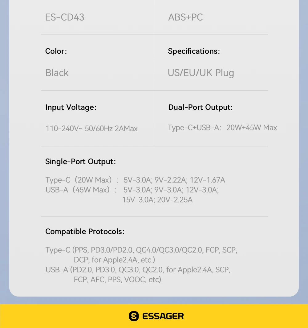 Essager 65W GaN Charger QC 4.0 PD 3.0 Type C USB Charger for iPhone 15 14 13 Pro Max Samsung Xiaomi MacBook Laptop Fast Chagers