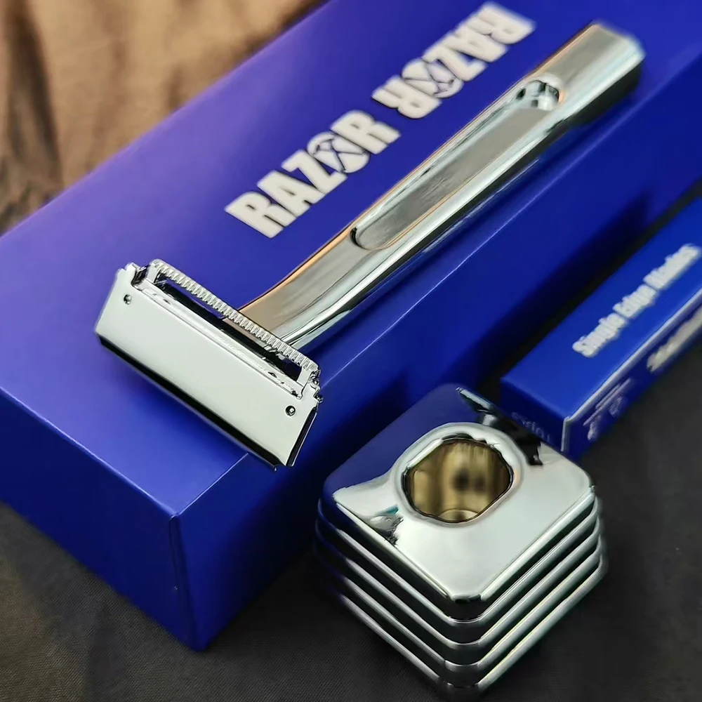 Twin Blade Safety Razor Old-Fashioned Metal Half Guard Blade Design for Men's Body Shaving Safety Razor Includes Matching Stand