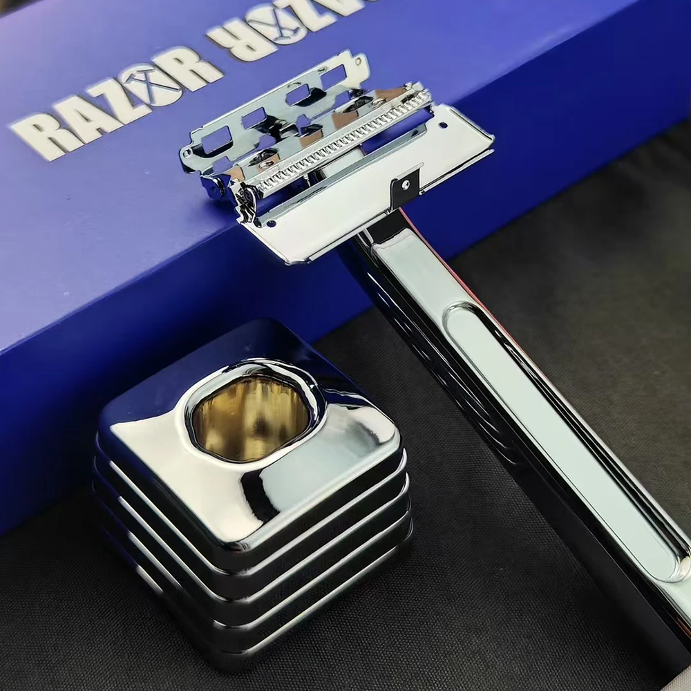 Twin Blade Safety Razor Old-Fashioned Metal Half Guard Blade Design for Men's Body Shaving Safety Razor Includes Matching Stand
