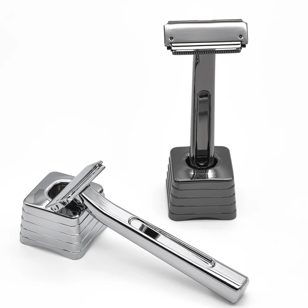 Twin Blade Safety Razor Old-Fashioned Metal Half Guard Blade Design for Men's Body Shaving Safety Razor Includes Matching Stand