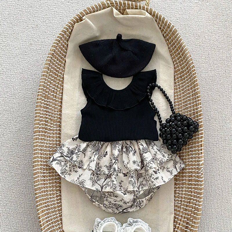 Baby Girls Floral Skirt Shorts 0-4Y Summer Double Layes Vintage Pink/black Floral Girls Tutu Skirt Cotton Toddler Pettiskirt