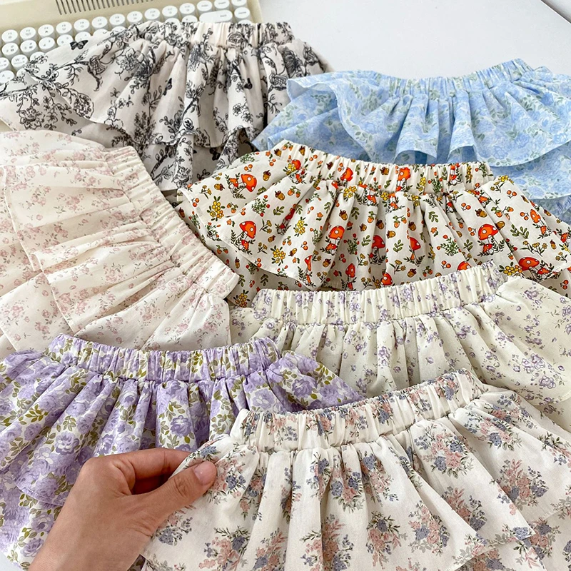 Baby Girls Floral Skirt Shorts 0-4Y Summer Double Layes Vintage Pink/black Floral Girls Tutu Skirt Cotton Toddler Pettiskirt