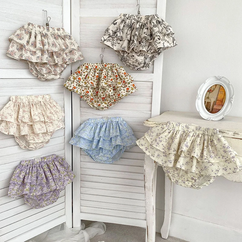 Baby Girls Floral Skirt Shorts 0-4Y Summer Double Layes Vintage Pink/black Floral Girls Tutu Skirt Cotton Toddler Pettiskirt