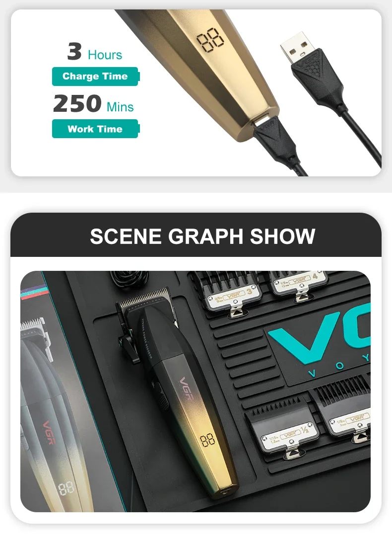 VGR Hair Trimmer Professional Barber Hair Cutting Machine Cordless Hair Clipper Haircut Digital Display Trimmer for Men V-003