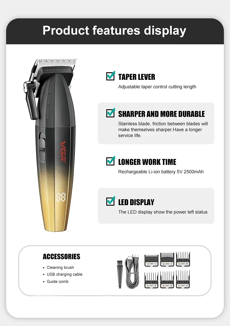 VGR Hair Trimmer Professional Barber Hair Cutting Machine Cordless Hair Clipper Haircut Digital Display Trimmer for Men V-003