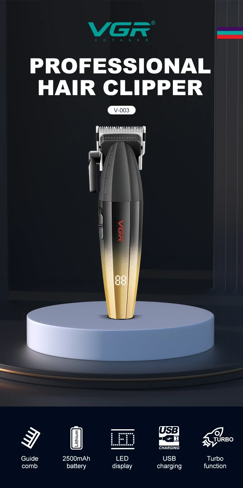 VGR Hair Trimmer Professional Barber Hair Cutting Machine Cordless Hair Clipper Haircut Digital Display Trimmer for Men V-003