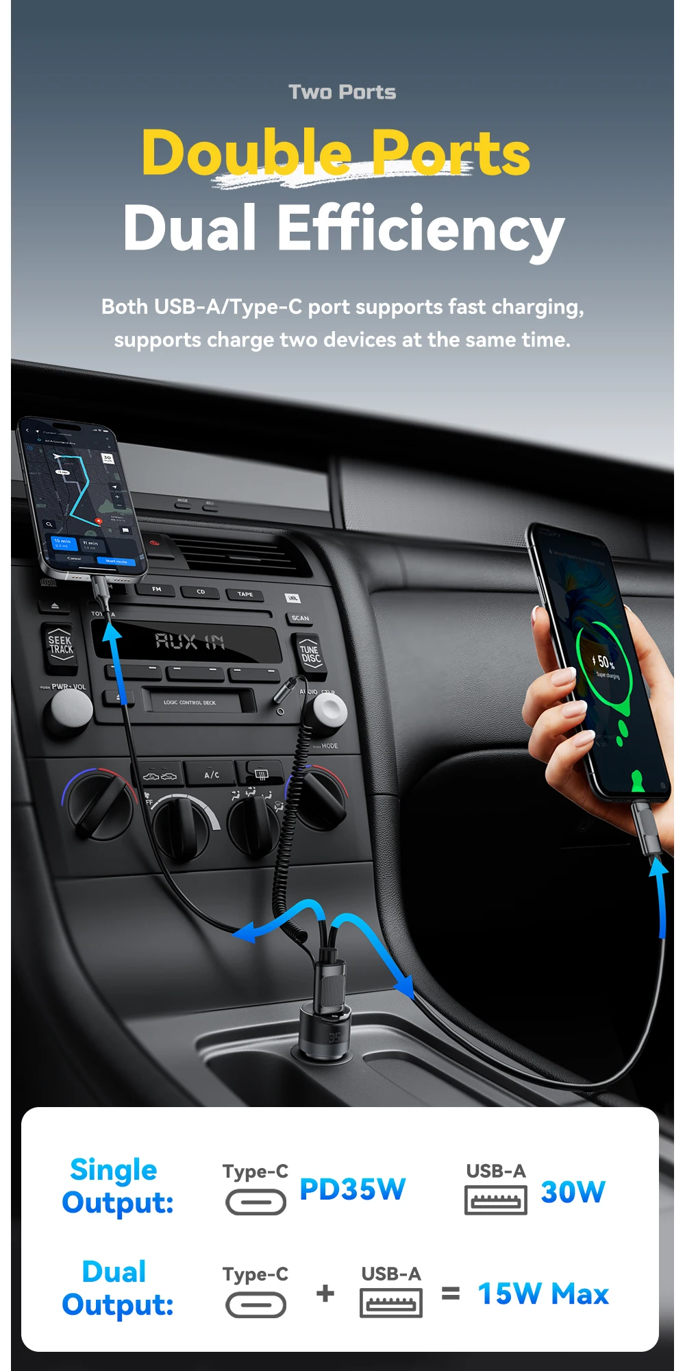 Essager Bluetooth 5.3 Car Charger 3.5mm AUX Adapter PD35W QC30W Car Fast Charger for iPhone 16 15 Pro Huawei Xiaomi Samsung iPad