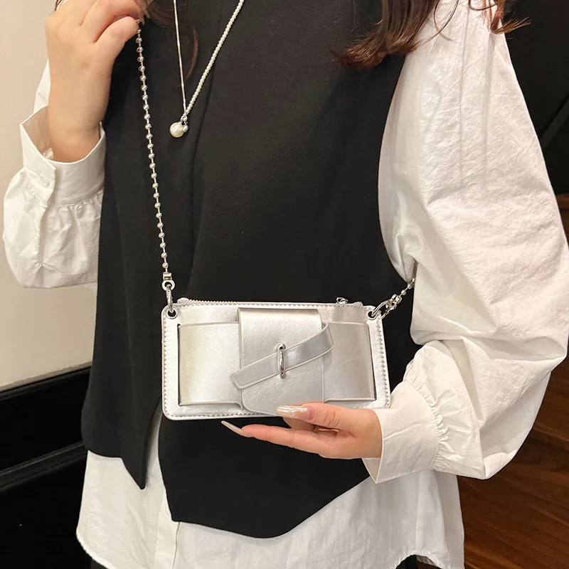 Bead Chain Women's PU Mobile Phone Crossbody Bag For Daily Commute Office Work Solid Color Shoulder Bag Lady Purses