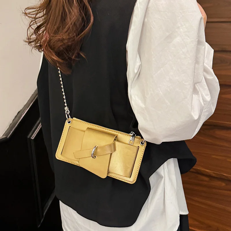 Bead Chain Women's PU Mobile Phone Crossbody Bag For Daily Commute Office Work Solid Color Shoulder Bag Lady Purses