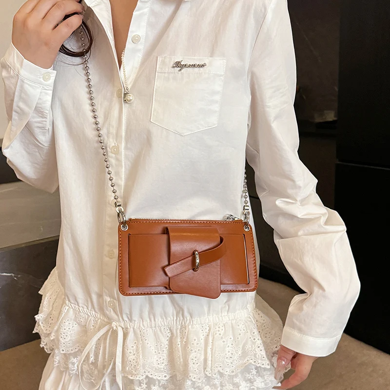Bead Chain Women's PU Mobile Phone Crossbody Bag For Daily Commute Office Work Solid Color Shoulder Bag Lady Purses