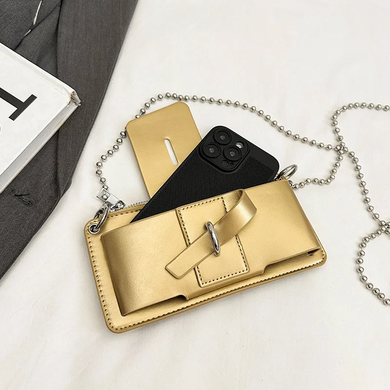 Bead Chain Women's PU Mobile Phone Crossbody Bag For Daily Commute Office Work Solid Color Shoulder Bag Lady Purses