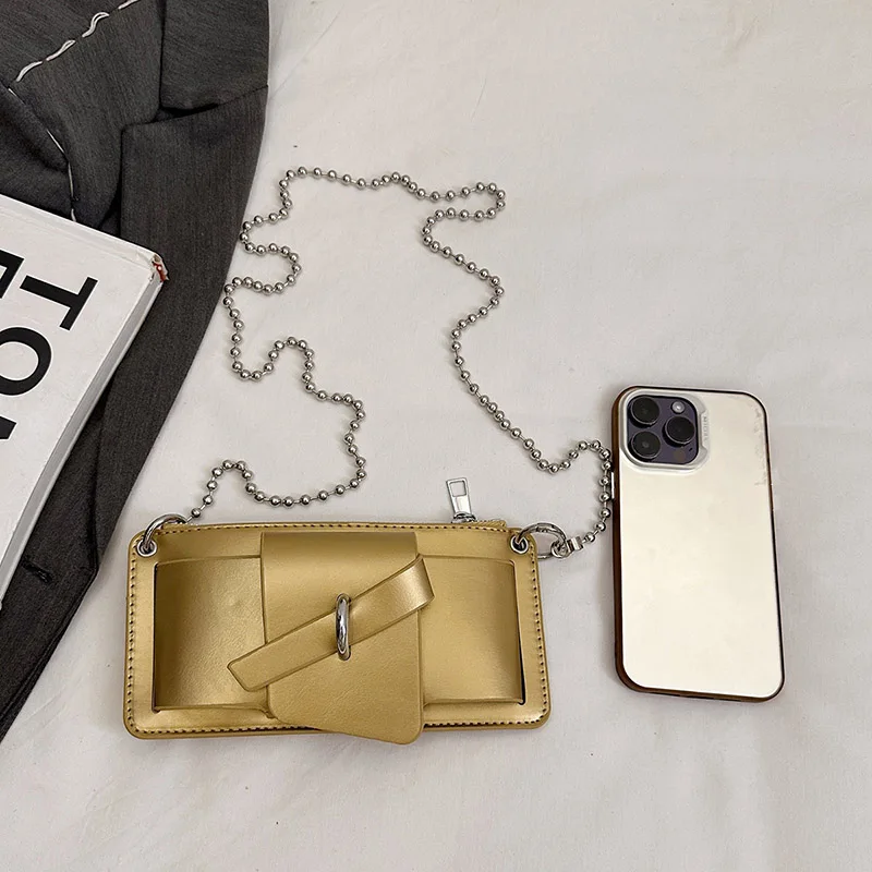 Bead Chain Women's PU Mobile Phone Crossbody Bag For Daily Commute Office Work Solid Color Shoulder Bag Lady Purses