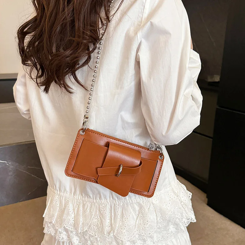 Bead Chain Women's PU Mobile Phone Crossbody Bag For Daily Commute Office Work Solid Color Shoulder Bag Lady Purses