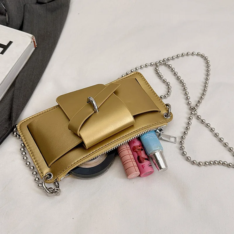 Bead Chain Women's PU Mobile Phone Crossbody Bag For Daily Commute Office Work Solid Color Shoulder Bag Lady Purses