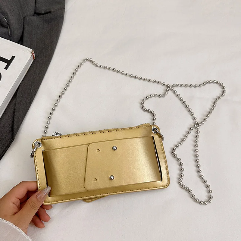 Bead Chain Women's PU Mobile Phone Crossbody Bag For Daily Commute Office Work Solid Color Shoulder Bag Lady Purses