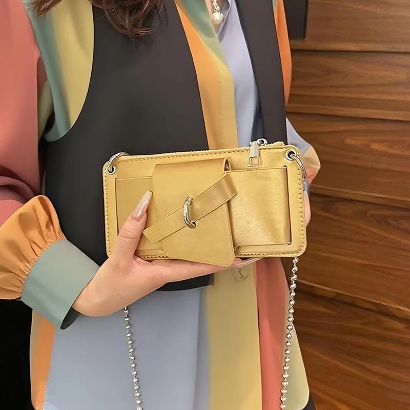 Bead Chain Women's PU Mobile Phone Crossbody Bag For Daily Commute Office Work Solid Color Shoulder Bag Lady Purses