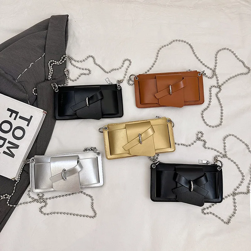Bead Chain Women's PU Mobile Phone Crossbody Bag For Daily Commute Office Work Solid Color Shoulder Bag Lady Purses